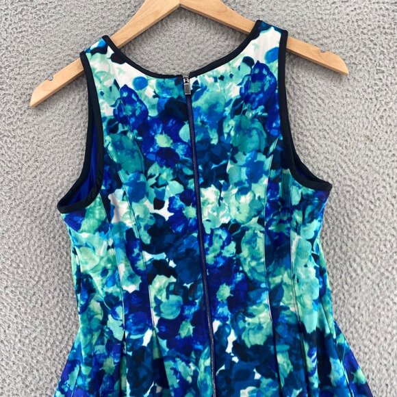 Vince Camuto Dress Womens 14 Blue Green Floral Scuba Fit & Flare Pleated Keyhole - Picture 4 of 10